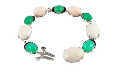 Bracelet or gris, corail, chrysoprases et diamants 