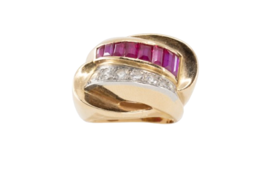 Bague Tank en or jaune, rubis et diamant