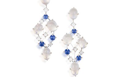 Pendants d’oreilles titane, pierre de lune, saphirs et diamants