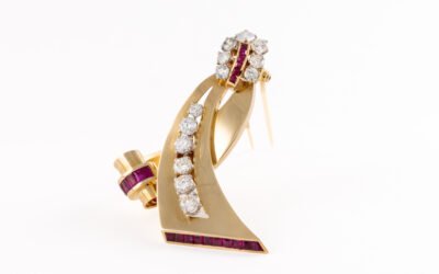 Paul N. LACKRITZ broche ruban en or jaune, rubis et diamants