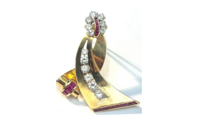 LACKRITZ Paul N. broche ruban en or jaune, rubis et diamants